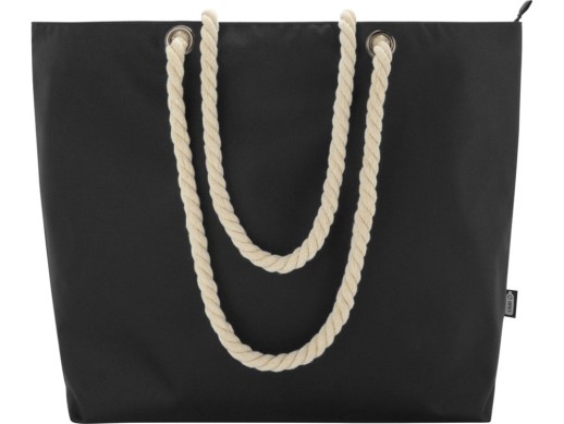 Panama пляжная эко-сумка-холодильник из переработанного материала, с ручками-шнурками 23L, сплошной черный с нанесением логотипа с нанесением логотипа