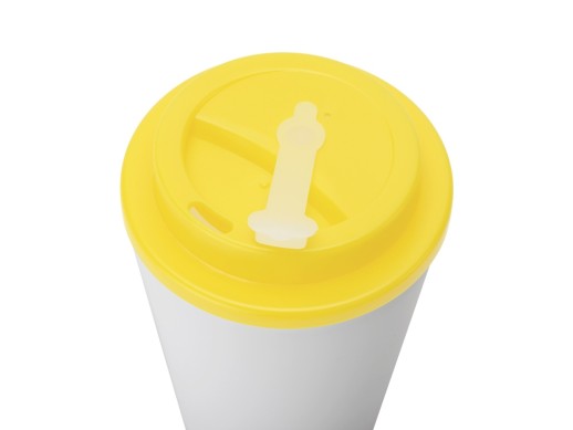 Пластиковый стакан Take away с двойными стенками и крышкой с силиконовым клапаном, 350 мл, белый/желтый с нанесением логотипа с нанесением логотипа