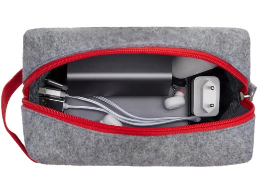 Органайзер для электроники и проводов Felt из RPET-фетра с ручкой, серый с красным