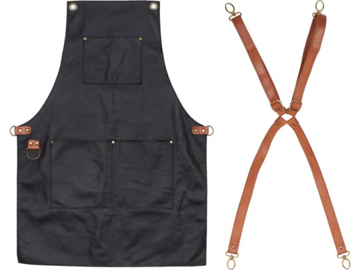 Фартук из натуральной кожи флотер Материал: натуральная кожа КРС, цвет фартука: черный, цвет ремней: светлый бук, фурнитура из металлического сплава ЦАМ, цвет фурнитуры: антик, размер универсальный