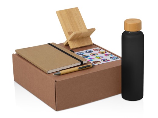 Подарочный набор с бутылкой для воды. блокнотом, ручкой и подставкой для телефона, черный