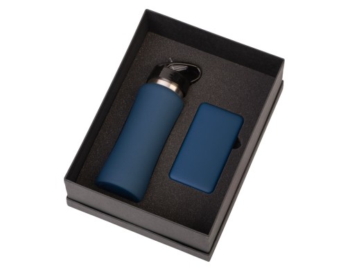 Подарочный набор с бутылкой для воды и повербанком С1, 5000 mAh, темно-синий с нанесением логотипа с нанесением логотипа