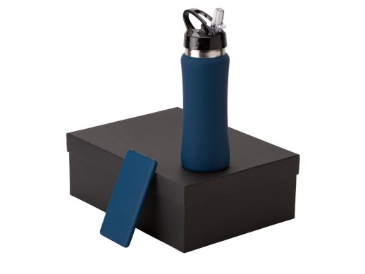 Подарочный набор с бутылкой для воды и повербанком С1, 5000 mAh, темно-синий с нанесением логотипа с нанесением логотипа