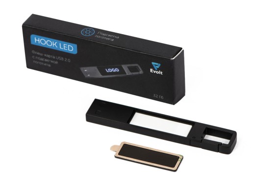 USB 2.0- флешка на 32 Гб c подсветкой логотипа Hook LED, темно-серый, синяя подсветка