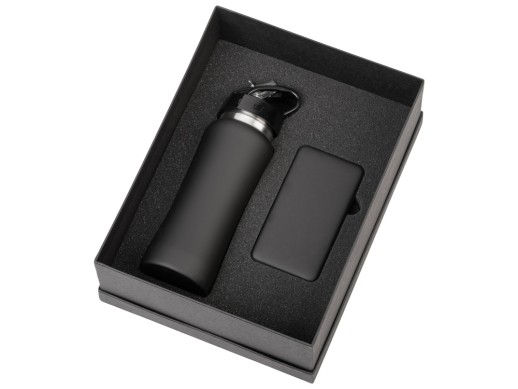 Подарочный набор с бутылкой для воды и повербанком С1, 5000 mAh, черный с нанесением логотипа с нанесением логотипа