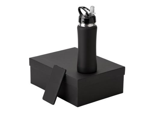 Подарочный набор с бутылкой для воды и повербанком С1, 5000 mAh, черный с нанесением логотипа с нанесением логотипа