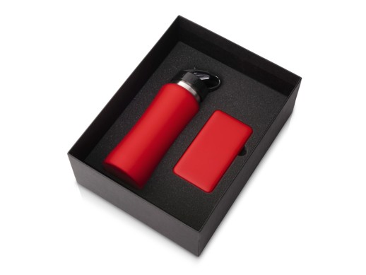 Подарочный набор с бутылкой для воды и повербанком С2, 10000 mAh, красный с нанесением логотипа с нанесением логотипа