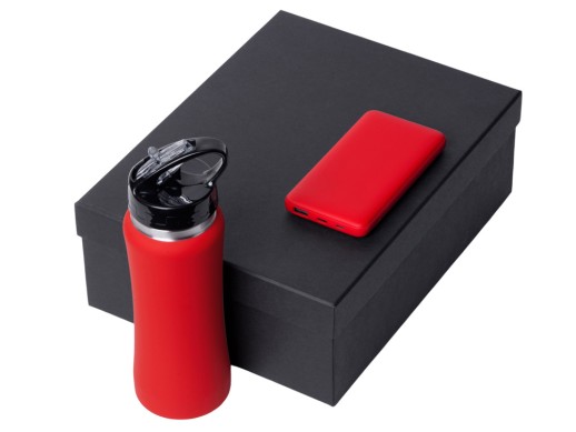 Подарочный набор с бутылкой для воды и повербанком С2, 10000 mAh, красный с нанесением логотипа с нанесением логотипа