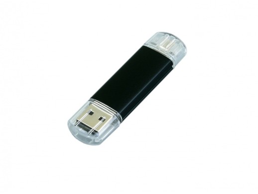 USB-флешка на 64 ГБ.c дополнительным разъемом Micro USB, черный с нанесением логотипа с нанесением логотипа