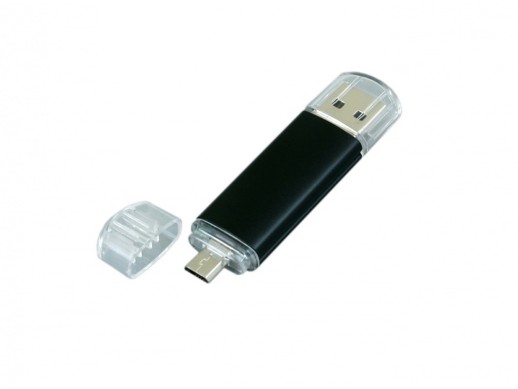 USB-флешка на 64 ГБ.c дополнительным разъемом Micro USB, черный с нанесением логотипа с нанесением логотипа