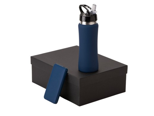 Подарочный набор с бутылкой для воды и повербанком С2, 10000 mAh, темно-синий