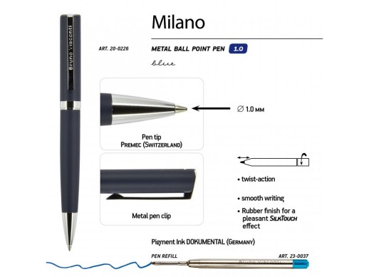 Ручка шариковая автоматическая BrunoVisconti® MILANO цвет корпуса синий, 1 мм с нанесением логотипа с нанесением логотипа