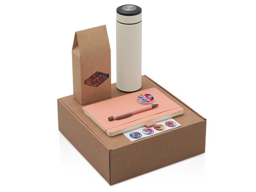Подарочный набор с термосом, блокнотом, ручкой и чаем, розовый с нанесением логотипа с нанесением логотипа