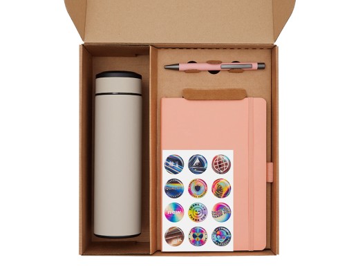 Подарочный набор с термосом, блокнотом, ручкой и чаем, розовый с нанесением логотипа с нанесением логотипа