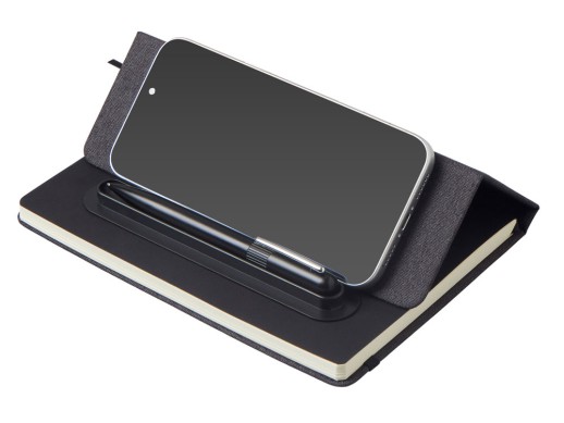 Набор блокнот А5 с магнитным держателем для ручки и подставкой для телефона и металлической шариковой ручкой NotaBene, черный