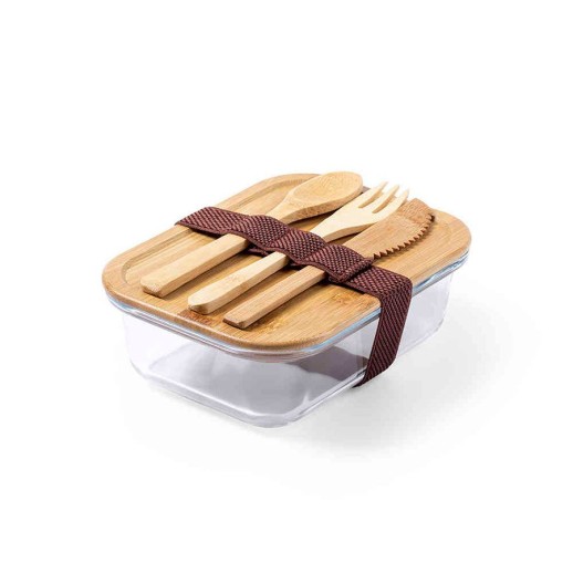 Ланч-бокс BEJAR, ложка, вилка нож в комплекте, стекло/бамбук 346799