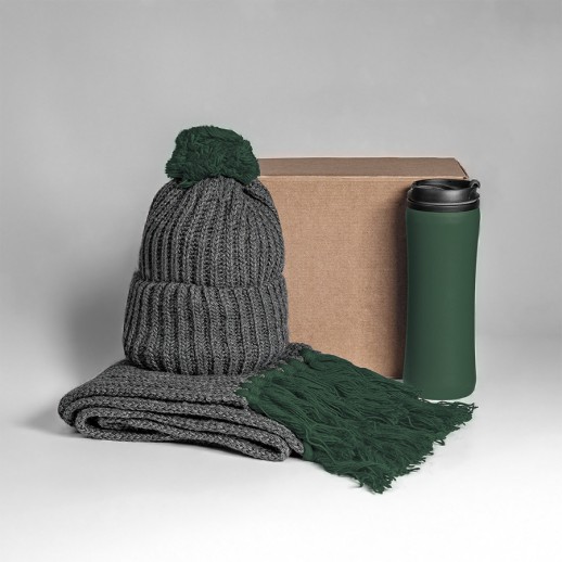 Набор подарочный COLD NIGHT: шарф и шапка, термокружка; темно-зеленый -ё  39534/17