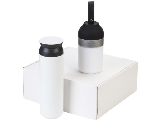 Подарочный набор с колонкой и термосом Black&White, белый/черный