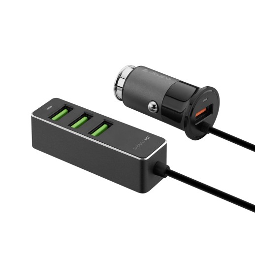 АЗУ 1 USB + 3 USB для пассажиров, QC 3.0, 7А, алюминий, графит, Deppa с нанесением логотипа с нанесением логотипа