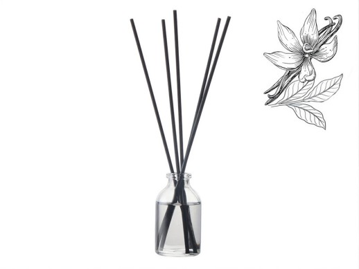 Диффузор с ароматом Табак и ваниль, 30мл, стекло, пробка, палочки 5 шт., мешочек из органзы черный