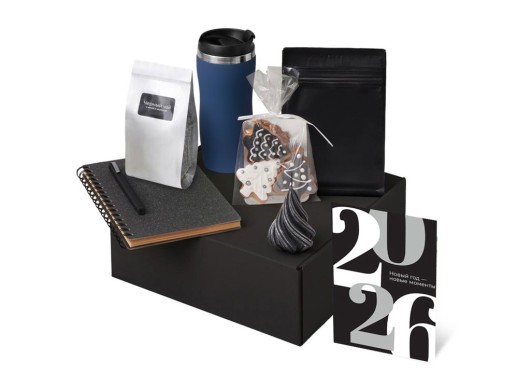 Подарочный набор c термокружкой, чаем, кофе и блокнотом, темно-синий