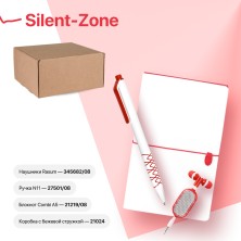 Набор подарочный SILENT-ZONE: бизнес-блокнот, ручка, наушники, коробка, стружка, бело-красный ,   39435/08