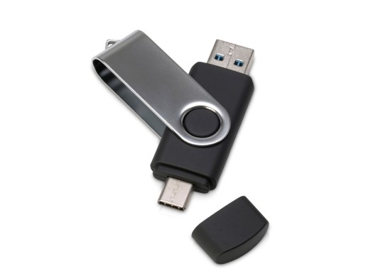 USB3.0/USB Type-C флешка на 32 Гб Квебек C, черный с нанесением логотипа с нанесением логотипа