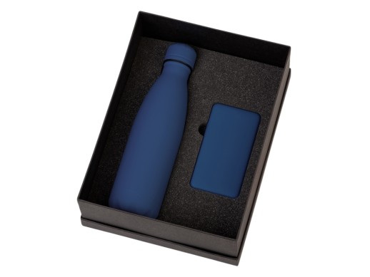 Подарочный набор с термобутылкой и повербанком С1, 5000 mAh, темно-синий с нанесением логотипа с нанесением логотипа