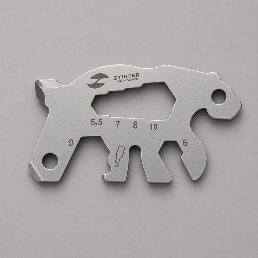 Мини-мультитул карманный Stinger, 55 x 35 мм, 5 функций, медведь, нержавеющая сталь, серебристый, в блистере с нанесением логотипа с нанесением логотипа