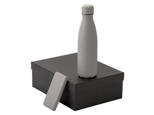 Подарочный набор с термобутылкой и повербанком С2, серый с нанесением логотипа с нанесением логотипа