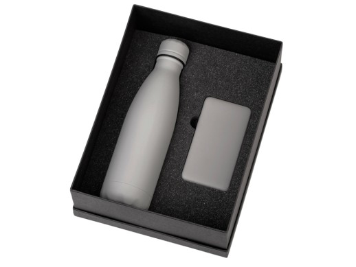 Подарочный набор с термобутылкой и повербанком С2, серый с нанесением логотипа с нанесением логотипа