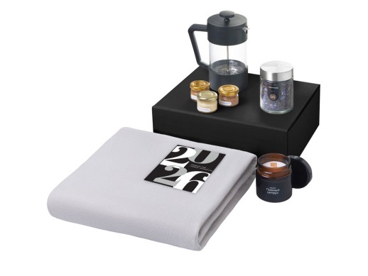 Подарочный набор c пледом, френчпрессом, чаем и медом, серый