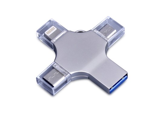USB-флешка на 64 Гб 4 в 1 поворотный механизм, c дополнительными разъемами MicroUSB, TypeC и Lightning, серебристый с нанесением логотипа с нанесением логотипа