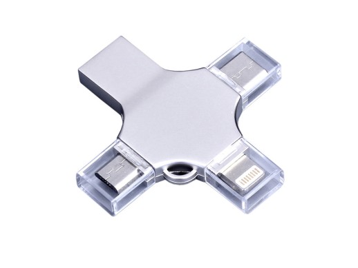 USB-флешка на 64 Гб 4 в 1 поворотный механизм, c дополнительными разъемами MicroUSB, TypeC и Lightning, серебристый с нанесением логотипа с нанесением логотипа