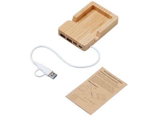 USB хаб Memo, 2*USB, 2*Type C, бамбук с нанесением логотипа с нанесением логотипа