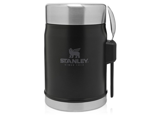 Банка для еды объемом 400 мл с ложкой-вилкой Stanley Legendary - черный матовый с нанесением логотипа с нанесением логотипа