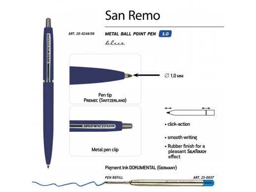 Ручка металлическая шариковая San Remo, 1,0мм, синие чернила, ярко-синий с нанесением логотипа с нанесением логотипа
