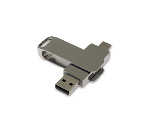 USB 3.0- флешка на 32 Гб поворотный механизм 2 в 1, c дополнительным разъемом Type-C с одноцветным металлическим клипом, серебристый с нанесением логотипа с нанесением логотипа