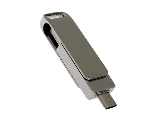 USB 3.0- флешка на 32 Гб поворотный механизм 2 в 1, c дополнительным разъемом Type-C с одноцветным металлическим клипом, серебристый с нанесением логотипа с нанесением логотипа