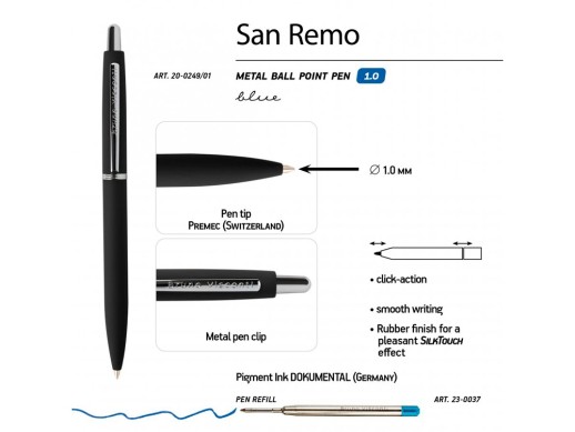 Ручка SAN REMO шариковая  автоматическая, черный металлический корпус, 1.00 мм, синяя с нанесением логотипа с нанесением логотипа