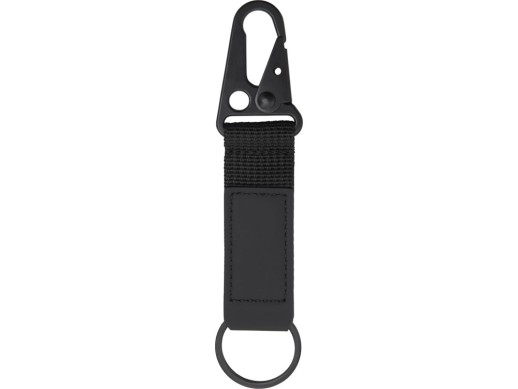 Брелок-ремувка Carabinier из ткани с вставкой из экокожи и карабином, черный с нанесением логотипа с нанесением логотипа