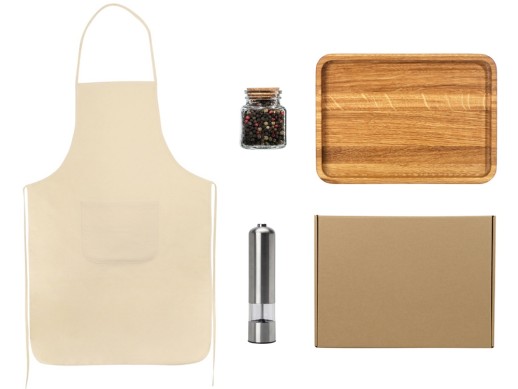 Подарочный набор для кухни с фартуком, подносом, мельницей и специями с нанесением логотипа с нанесением логотипа