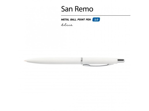 Ручка SAN REMO шариковая, автоматическая, белый металлический корпус 1.00 мм, синяя с нанесением логотипа с нанесением логотипа