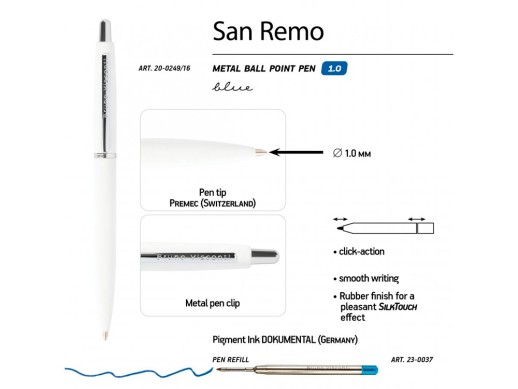 Ручка SAN REMO шариковая, автоматическая, белый металлический корпус 1.00 мм, синяя с нанесением логотипа с нанесением логотипа