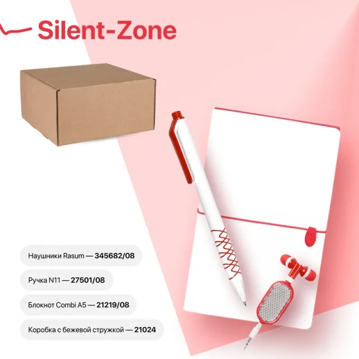 Набор подарочный SILENT-ZONE: бизнес-блокнот, ручка, наушники, коробка, стружка, бело-красный , 39435/08
