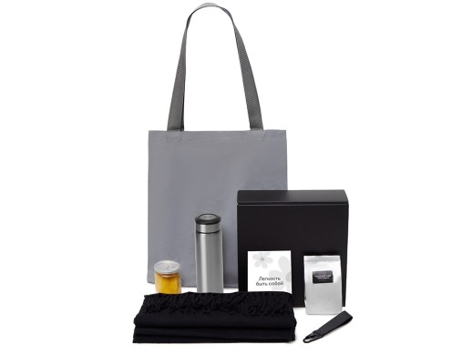 Подарочный набор Re:f. Walk с палантином, шоппером и термосом, черный с нанесением логотипа с нанесением логотипа
