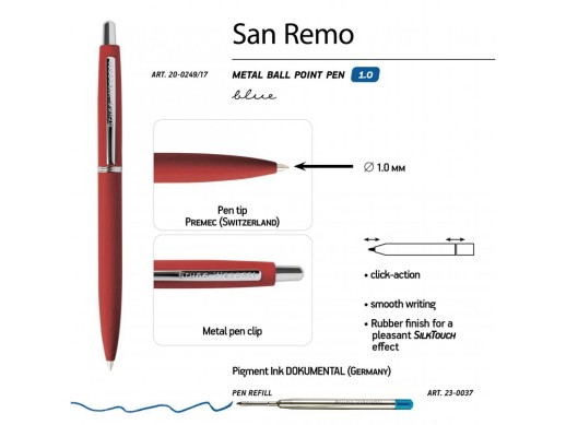 Ручка SAN REMO шариковая, автоматическая, красный металлический корпус 1.00 мм, синяя с нанесением логотипа с нанесением логотипа