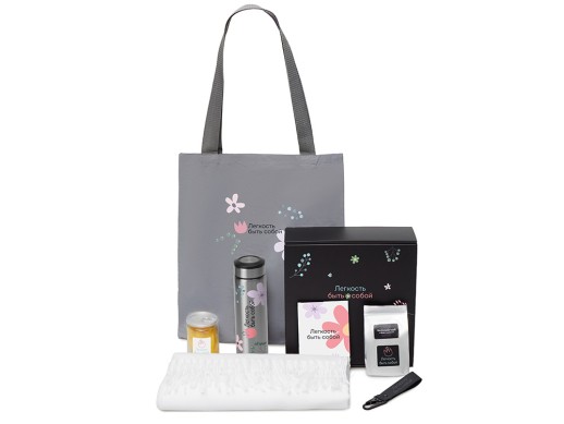 Подарочный набор Re:f. Walk с палантином, шоппером и термосом, белый с нанесением логотипа с нанесением логотипа