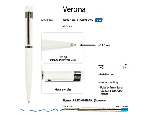 Ручка металлическая шариковая Verona, софт-тач, 1.0 мм, белая