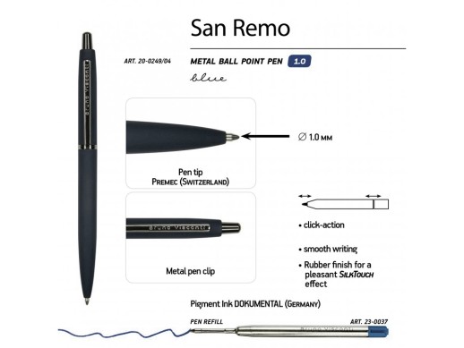 Ручка SAN REMO шариковая, автоматическая, темно-синий металлический корпус 1.00 мм, синяя с нанесением логотипа с нанесением логотипа